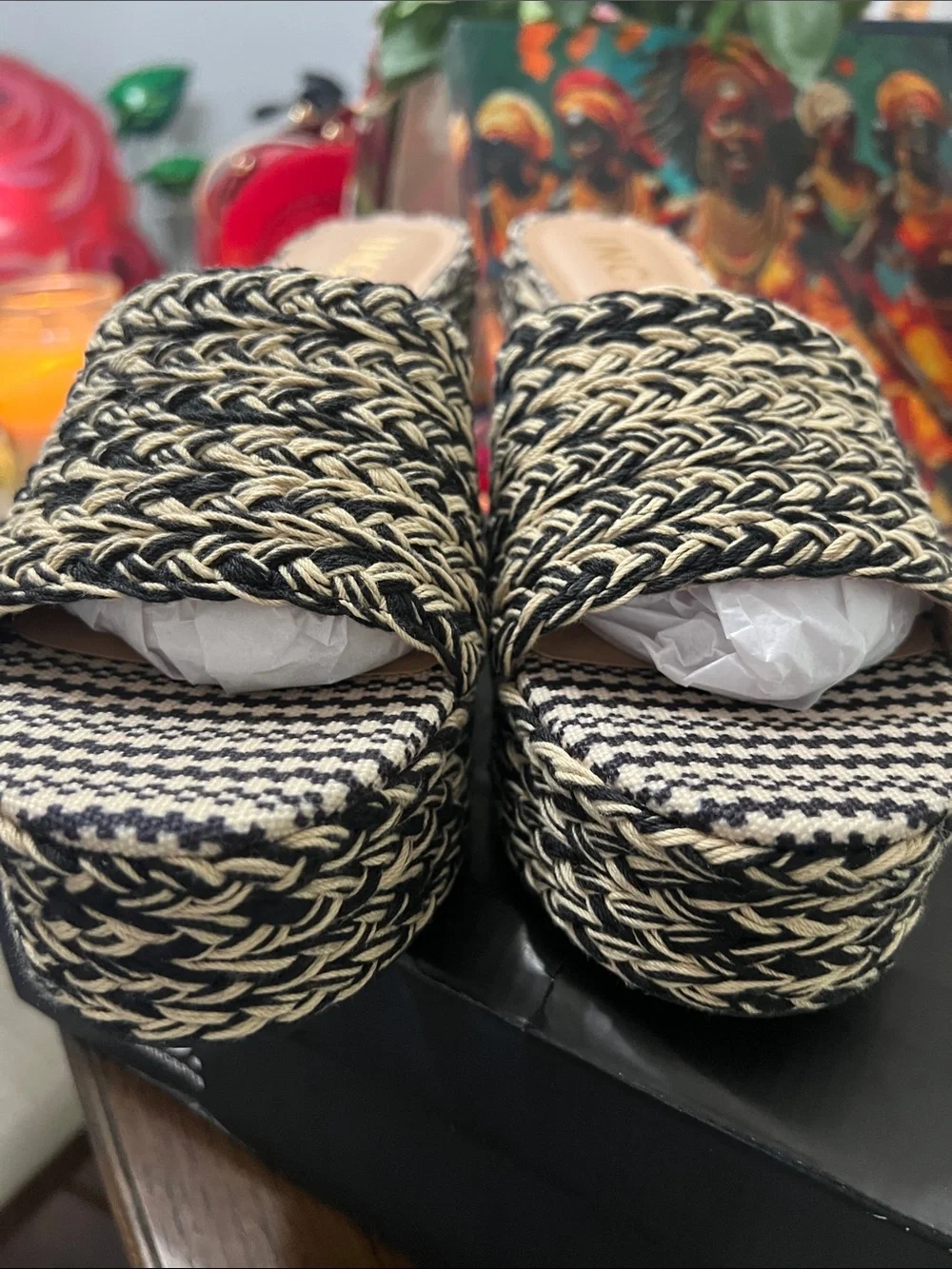 INC International Concepts Black and Cream Braided Platform Mules
